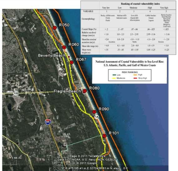 (c) Both Figures 12 and 13 show results from the U.S. Geological Survey (USGS) assessment of natural shore coastal vulnerability to SLC.