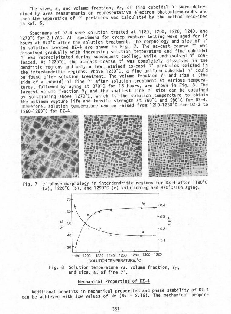 The size, a, and volume fraction, Vf, of fine cuboidal 7' were determined by area measurements on representative electron photomicrographs and then the separation of 7' particles was calculated by