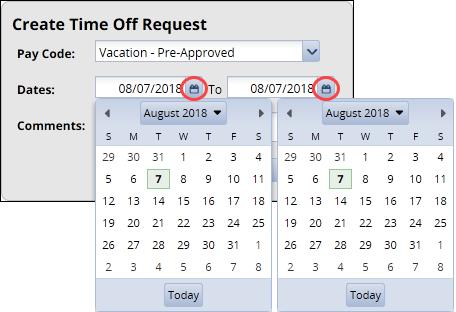 Select the start and end dates for your request either type in the dates or use the calendar icon; if you are taking a partial