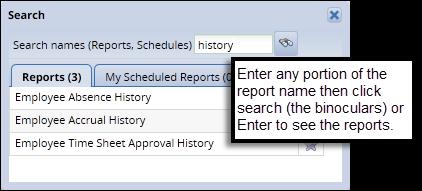 Enter any portion of a report name then click on the binoculars or Enter