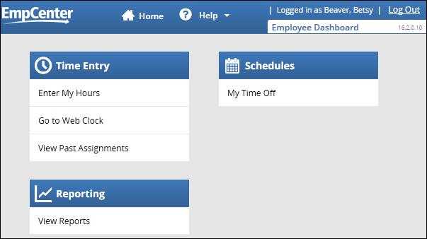 From the Dashboard you can access time entry, time off requests, and report options.