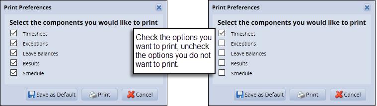 In the Print Preferences window, select the options you would like to print: Note: your options may be