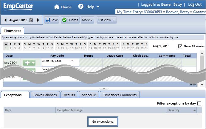 Employee Timesheet (My Time Entry) Access your timesheet by clicking on Enter My Hours on the Dashboard. Timesheet Top A.