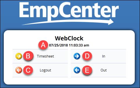 Web Clock Overview A. Current date and time: the time that will be recorded when any clocking option is selected. B.