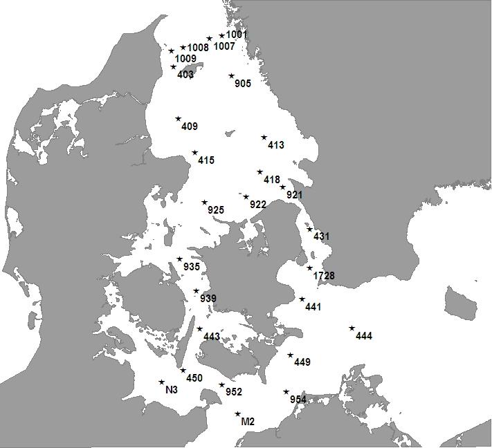 N Kattegat Sweden Denmark The Sound Arkona Sea Kiel Bight Fehmarn Belt Germany Mecklenburg Bight Figure 1 Map showing the stations sampled by the monitoring cruise, regional sea names and the