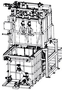 For the quenching process, the furnace bottom moves horizontally to the side. The loaded basket drops out of the furnace into the quench tank guided by wire cables.
