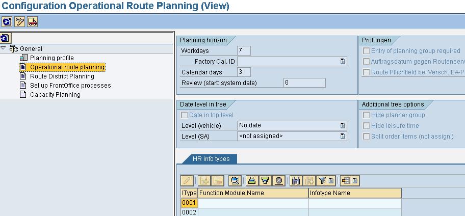 4.2 Configuration (Transaction /N/WATP/TP06 - CONFIGURATION) Additional settings (customizing) regarding the navigation tree of the operational route planning are available: number of work days that