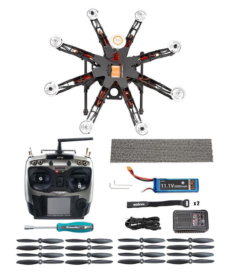 Package includes: 1. Fully Assembled Storm Drone 8 GPS Flying Platform 2. RadioLink 2.4Ghz AT9 Radio System w/ R9D 9-Ch Receiver 3. 11.1V 5500mah 30C Li-Po Battery 4.