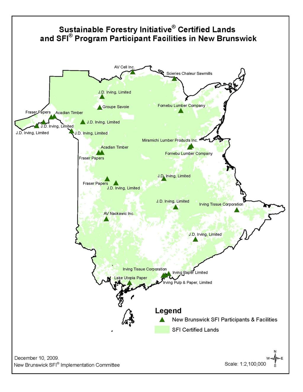 e) Certified forest by scheme (ha): Hectares of FSC or PEFC certified The map below shows SFI Certified lands, and SFI program participants in New Brunswick.