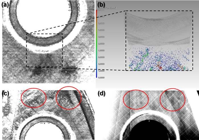 Figure 11. Comparison results views from high void content areas: (a) LUT C-Scan and (b) 3D tomographic representation of RoI with void content by 0.