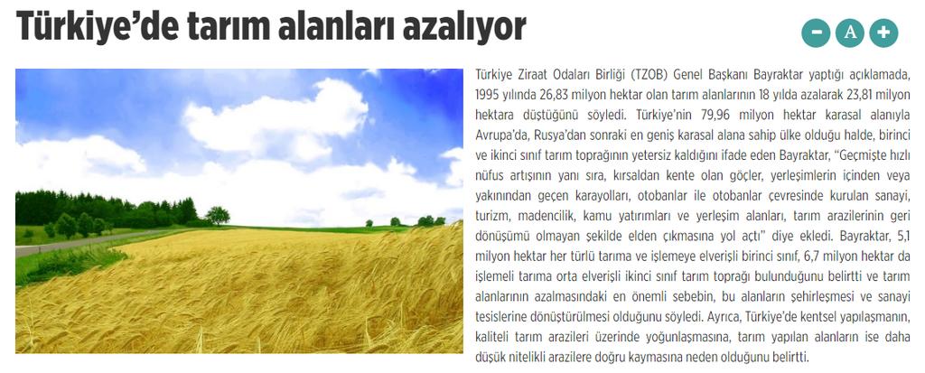 Food Shortage: Meeting Sufficient Food need / Decrease of Agricultural Areas While the Turkey's population increased by 40% during 1990-2015, the