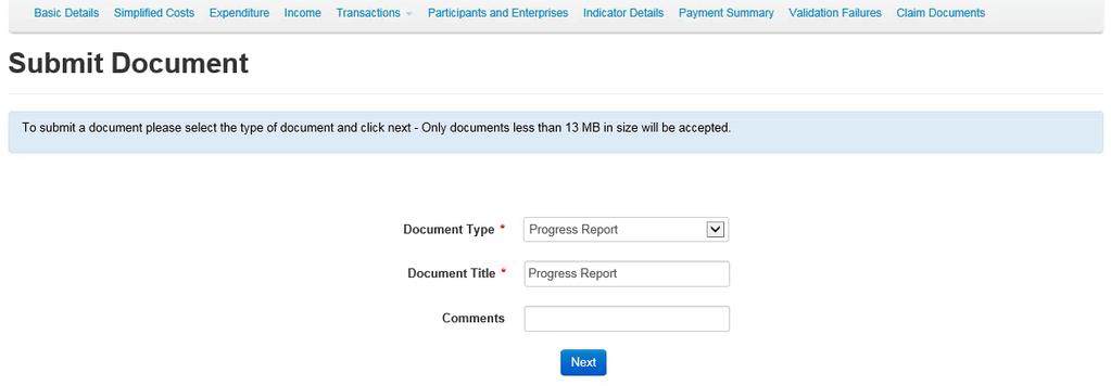 When you have selected the Document Type, choose Next. The Submit Document Enter Document Details screen will be displayed.