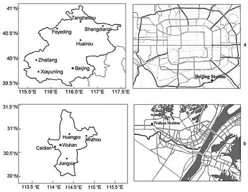 Figure 1. Locations of Beijing and Wuhan stations in (right) the two cities and (left) the nearby rural stations around the two cities. (a) Beijing region; (b) Wuhan region.