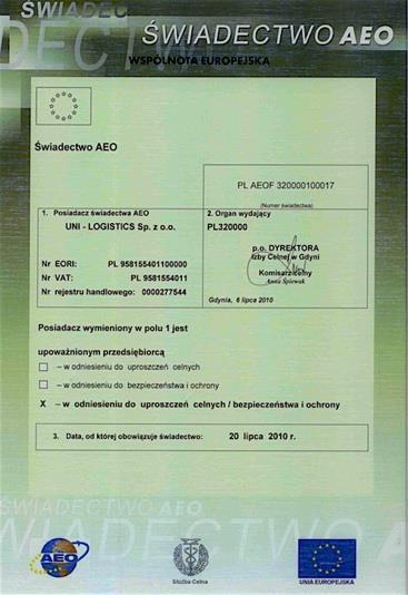 AEO certificate Uni-logistics has an AEO certificate, no PLAEOF 320000100017