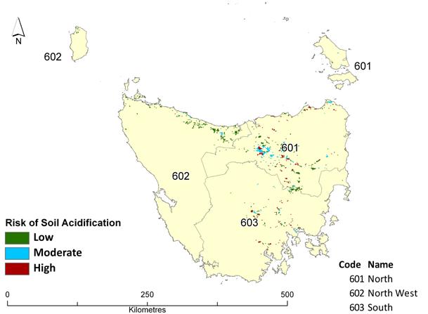 Figure 8 Figure 8. Tasmanian cropping areas in natural resource management regions with low, moderate and high risks of soil acidification.