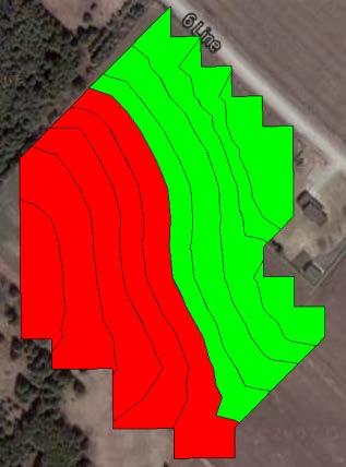The elevation survey was brought into spatial management software (many software options are available in the precision ag market place) and transformed into a contour elevation map.