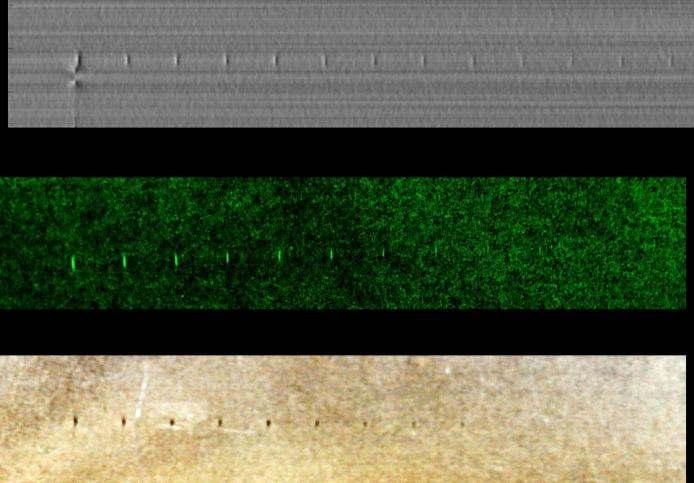 Figure 10: Comparison between GMR-MFL (top), fluorescent magnetic powder (middle) and black magnetic powder (bottom); scale 1:1.