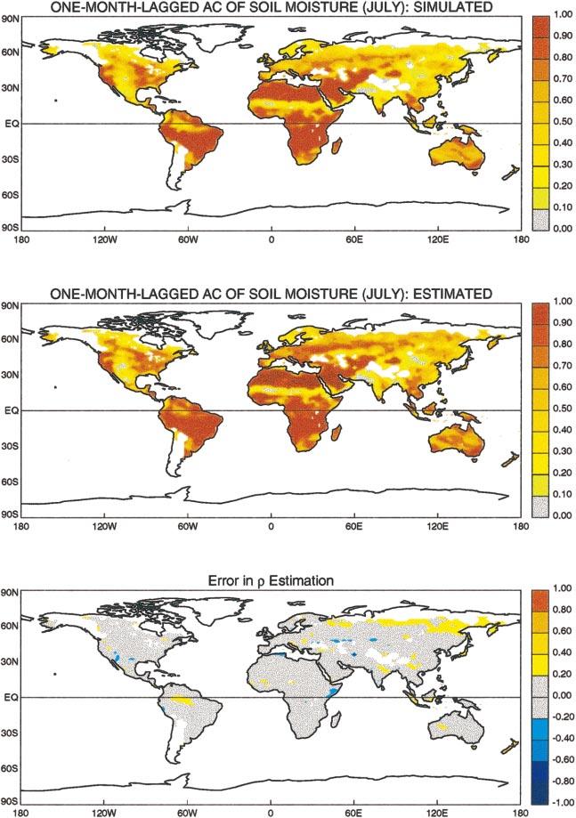 DECEMBER 001 KOSTER AND SUAREZ 563 FIG. 3. (top) Map of simulated 31-day-lagged autocorrelation of total profile soil moisture 31. (middle) Corresponding map of 31 as estimated with (18).