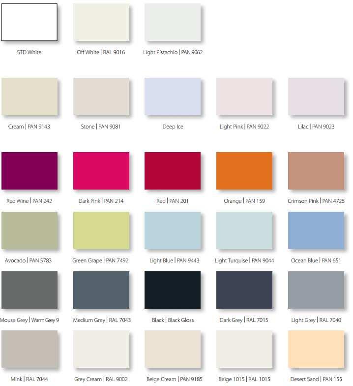 Palopaque Flat Opaque PVC Panel Palopaque is available in 28 colours and 3 surface finishes (glossy, embossed or matt),