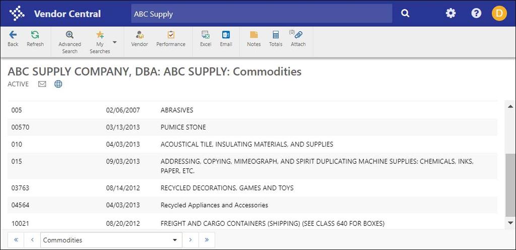 example, click Commodities to view a list of commodities available from the selected vendor.