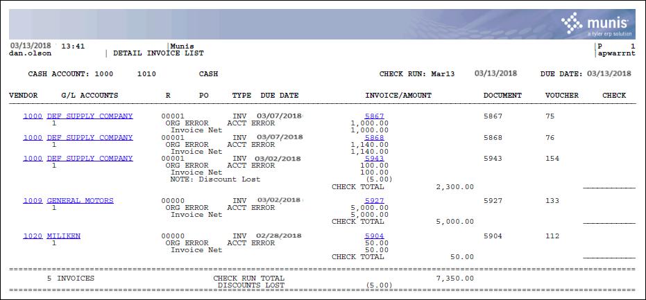 The second section of the Accounts Payable Check Run Report is a check run summary.