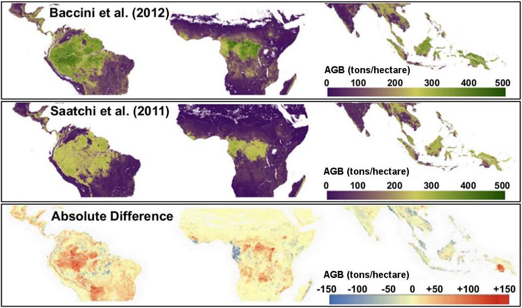 Latest tropical biomass maps use height data from satellite lidar but have large biases Largely