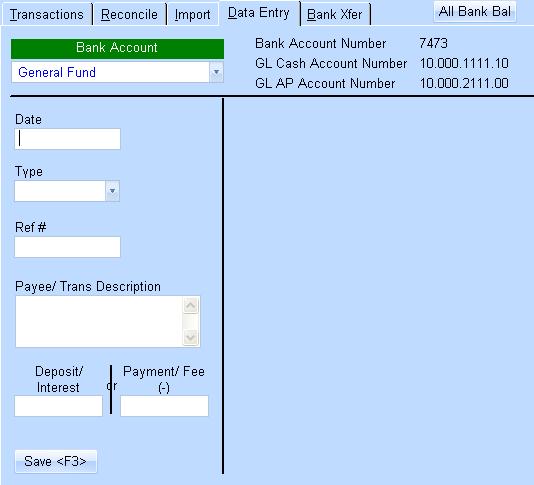 Data Entry Date Type Reference Number Description Deposit/Payment This screen is self-explanatory. Be sure to have the correct Bank Account selected for the transaction.