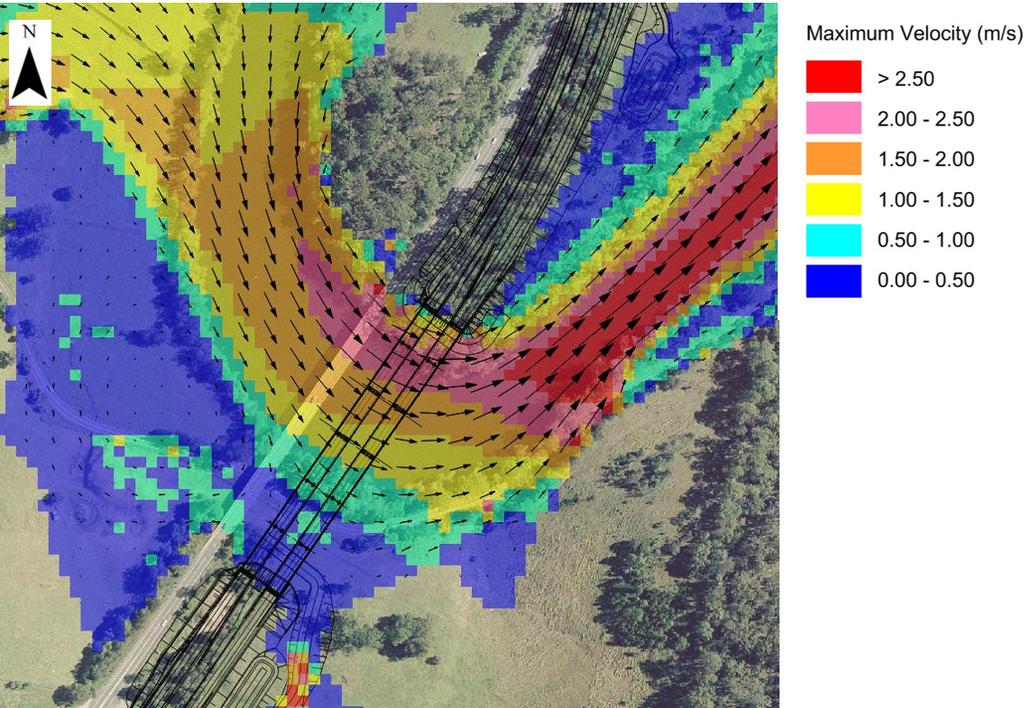 Velocities in the left overbank area were estimated to be significantly lower in HEC-RAS than in the TUFLOW model, whilst velocities in the right overbank