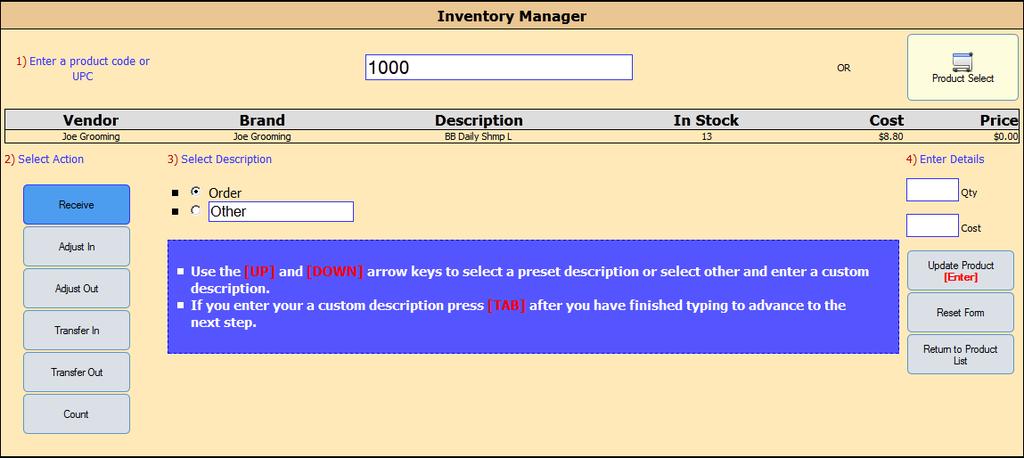 Managing Inventory 1. Adding inventory items to inventory & adjusting inventory levels: a) You will need to create your Brand, Vendor, and Category lists under the Manager Tab first.