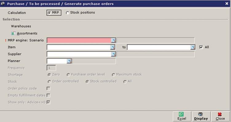 Chapter 2 Purchase Management To generate purchase orders: 1. Go to Purchase To be processed Generate purchase orders. 2. At Calculation, select MRP or Stock positions. 3.