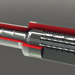 The drum contains 8 small extruder barrels, parallel to the main screw axis.