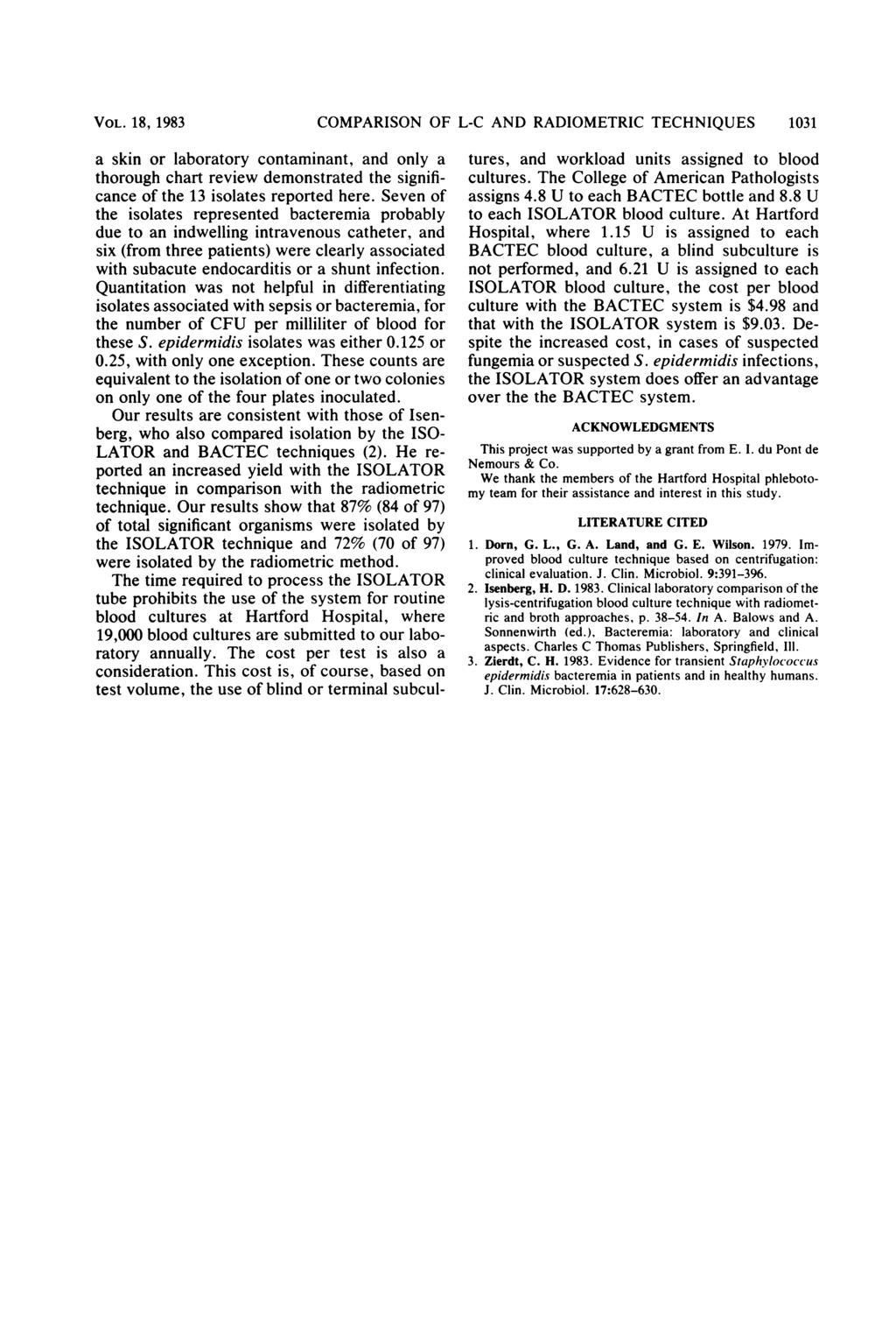 VOL. 18, 1983 a skin or laboratory contaminant, and only a thorough chart review demonstrated the significance of the 13 isolates reported here.