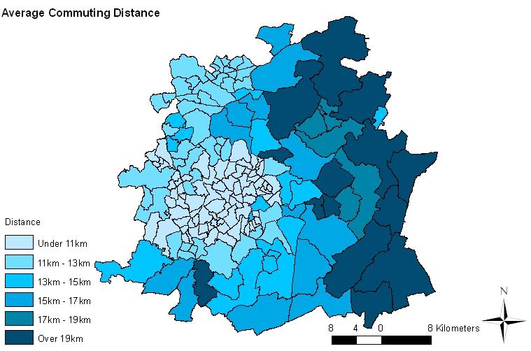 Wards with a decrease in commuting journeys tend to be located to the northwest of Nottingham city centre. These areas are located in a former coalfield region with declining heavy industry.