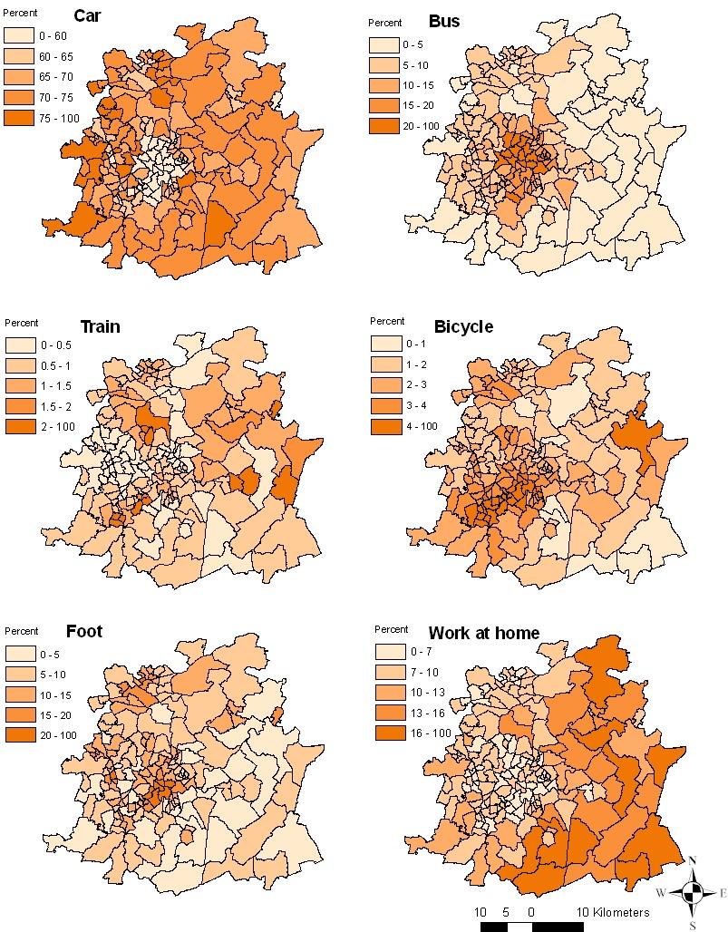 Figure 10: Percentage of commuters using each main method of travel to work. Data source: UK 2001 Census.
