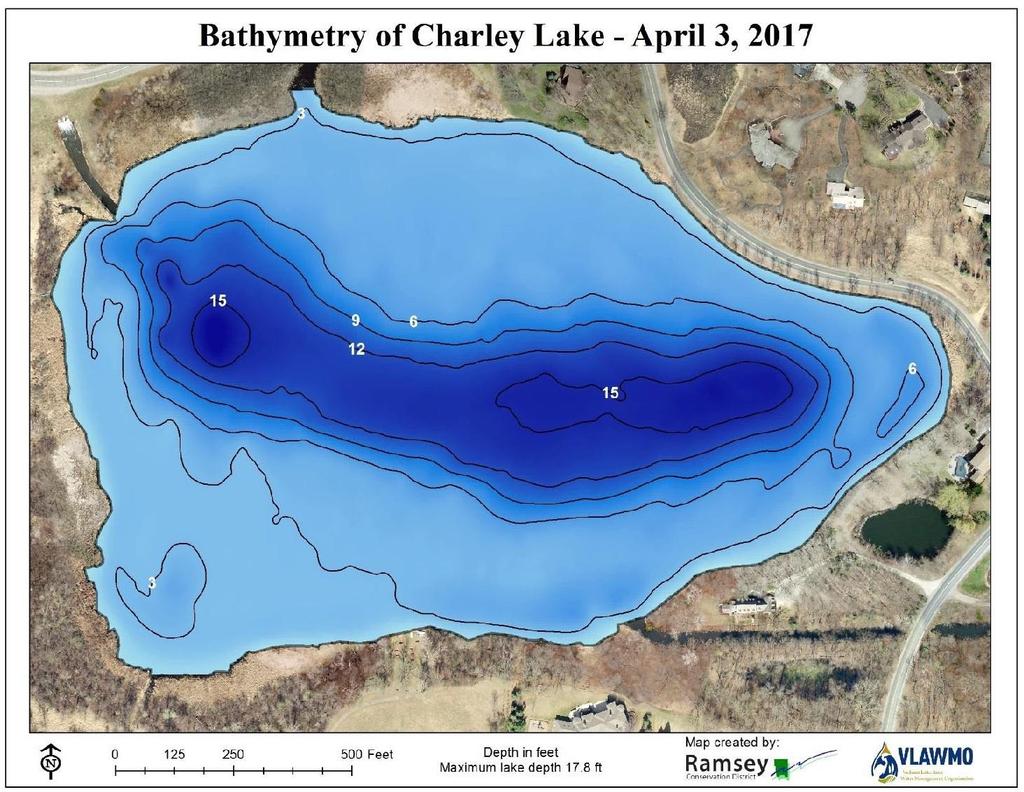 3 LAKE FEATURES 3. LAKE FEATURES 3.1 CHARLEY LAKE DEPTH A bathymetry survey was completed in 2017 to develop a map of the lake bottom.