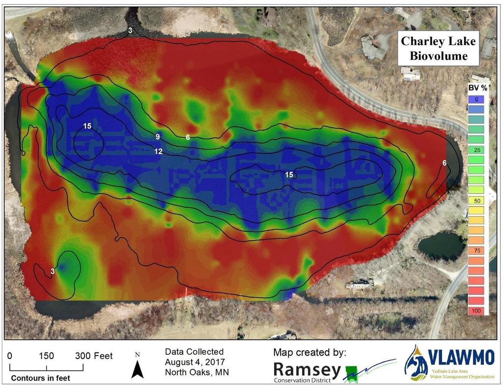 3 LAKE FEATURES 3.2 CHARLEY LAKE BIOVOLUME AND AQUATIC VEGETATION Biovolume The Ramsey Conservation District conducted a biovolume and aquatic vegetation survey in 2017.