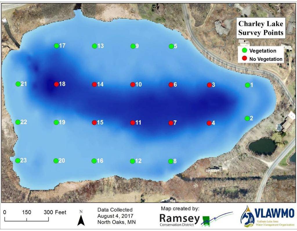 3 LAKE FEATURES Aquatic Vegetation Ramsey Conservation District conducted an assessment of the types and abundance of aquatic plants in 2017. Vegetation was documented at 14 of the 23 survey points.