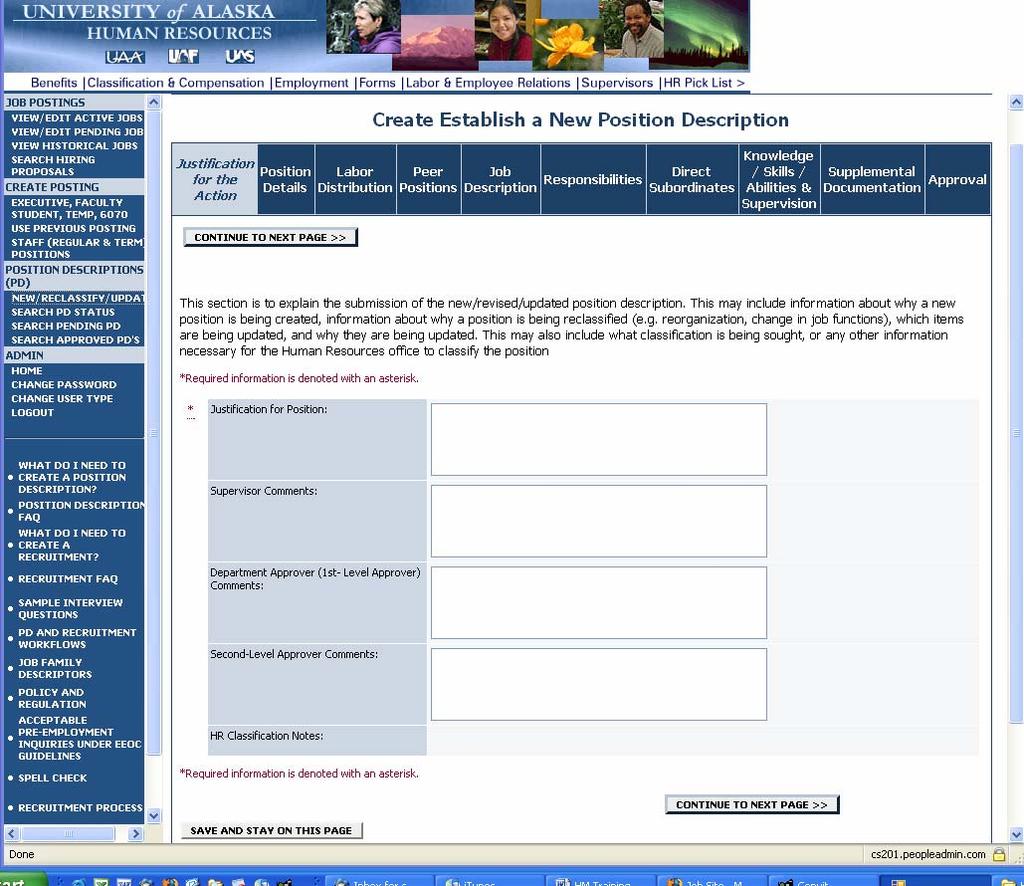 Justification & Comments for the Position Description (PD) There are several tabs across the top of the screen.