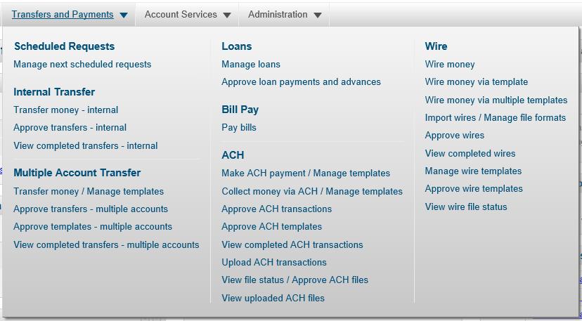 BUSINESS ONLINE BANKING - USER GUIDE REVIEW TRANSFERS AND PAYMENTS OPTIONS Choose the Transfers and Payments option from the menu.