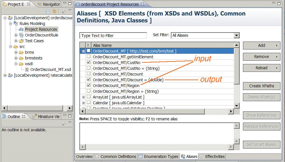 Select the XSD elements which will be used in the development of rule or decision table.