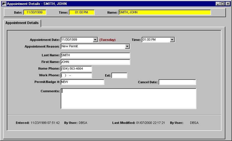 Appointment Details The Appointment Scheduler data-entry window contains fields for appointment
