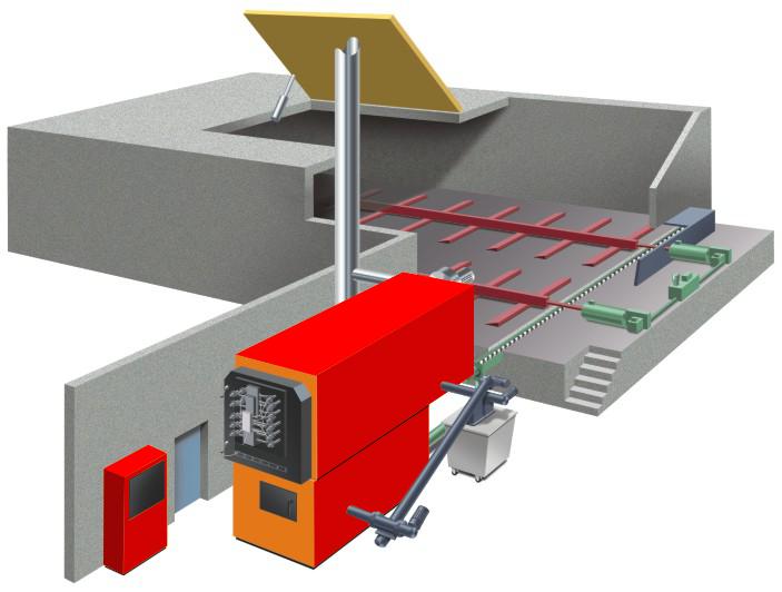 Push feeder floor discharge system This push feeder floor is a hydraulically driven discharge system.