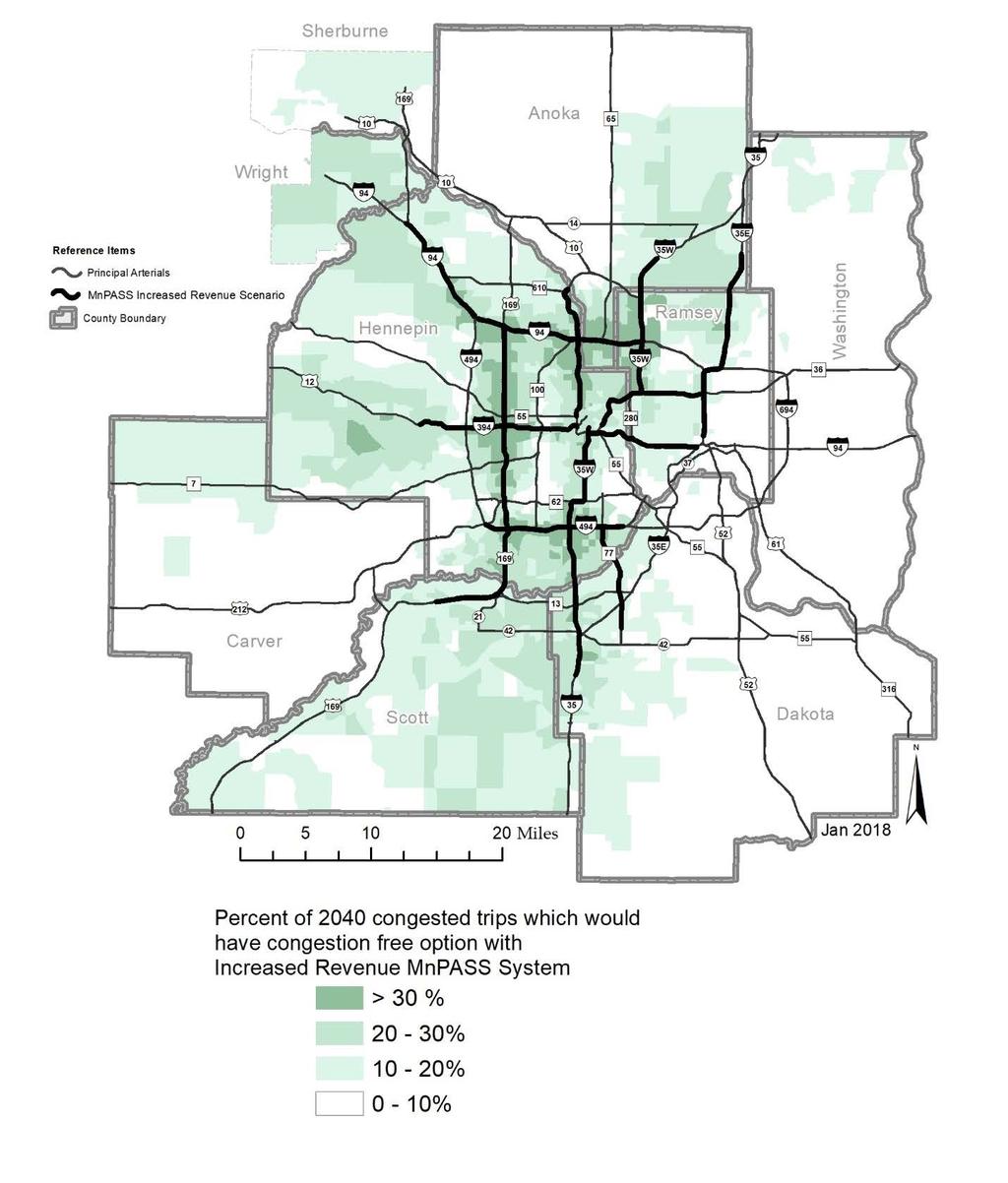 Figure 5-19: 2040 Congested Corridor Trips with Congestion Free Option, Increase Revenue Scenario 2040