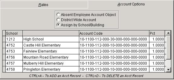 Enter an Account c. Enter an account(s) based on the School/Building from the SUBSTITUTE HISTORY record. Entering percentages allows for multiple accounts per School location.