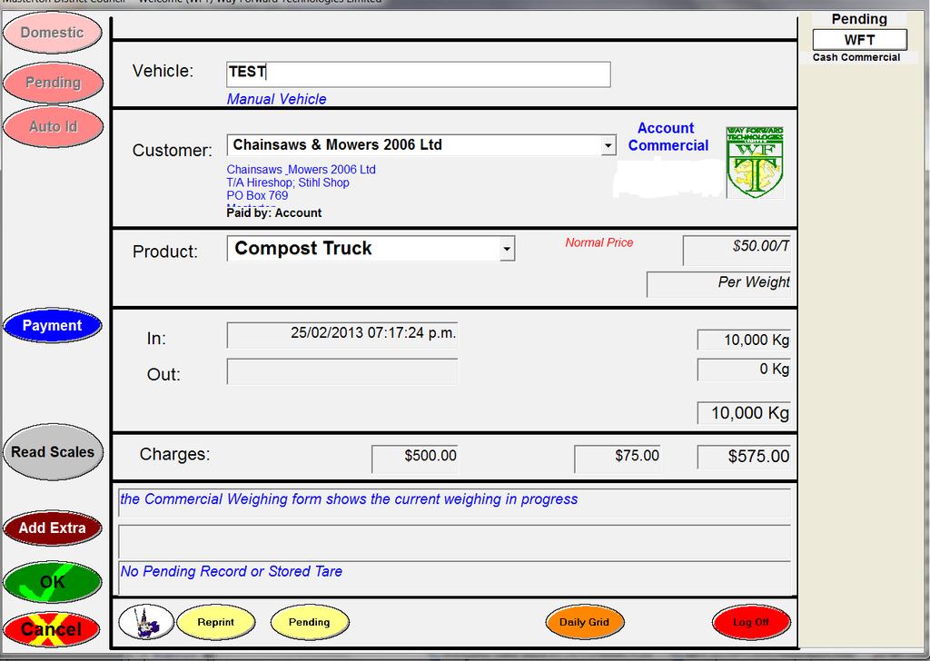 Commercial Weighing The operator is prompted to enter details of the vehicle and product before accepting the transaction.