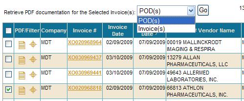 beside, Retrieve PDF documentation for the Selected Invoice(s) and select POD(s).