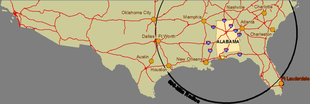 Six interstate highways (I-10, I-20, I-22, I-59, I-65, I-85) converge in Alabama allowing goods to be shipped to major markets.