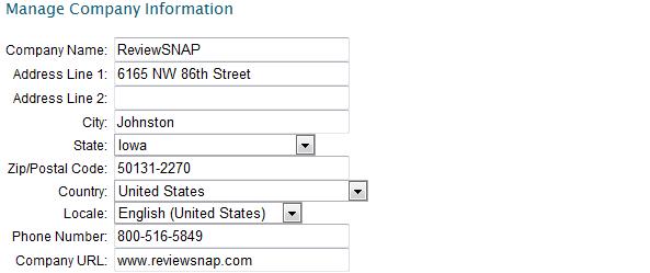 Administration Manage Company Information Navigation When you subscribe to the REVIEWSNAP performance management system, you provide some basic information about your