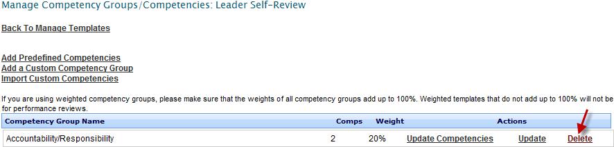 Manage Review Templates, Continued Update Comps, (continued) o Click Delete to remove the entire competency