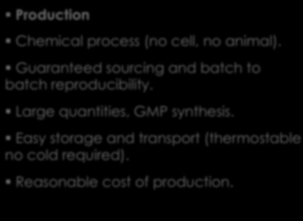 Versatile and defined chemical modifications. Production Chemical process (no cell, no animal).